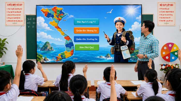 Trò chơi khởi động em yêu biển đảo Việt Nam trong bài giảng Những hòn đảo trên vịnh hạ long.